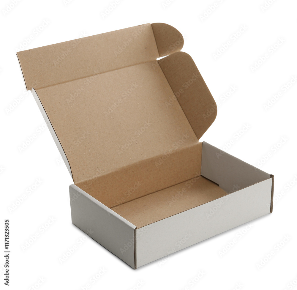 Open empty cardboard box isolated on white. Mockup for design Open empty cardboard box isolated on white. Mockup for design