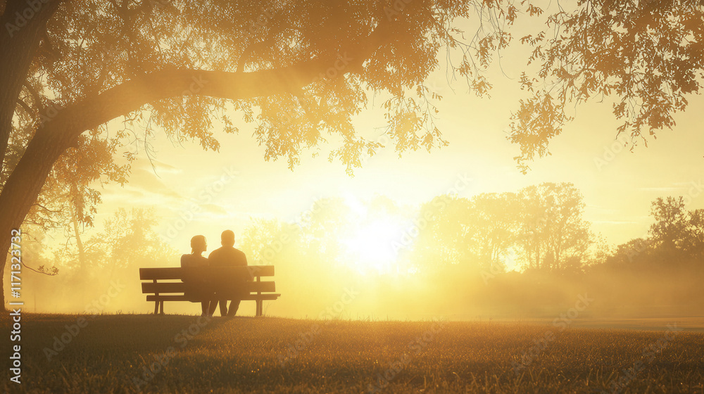 couple sits on park bench, enjoying serene sunset under large tree couple sits on park bench, enjoying serene sunset under large tree