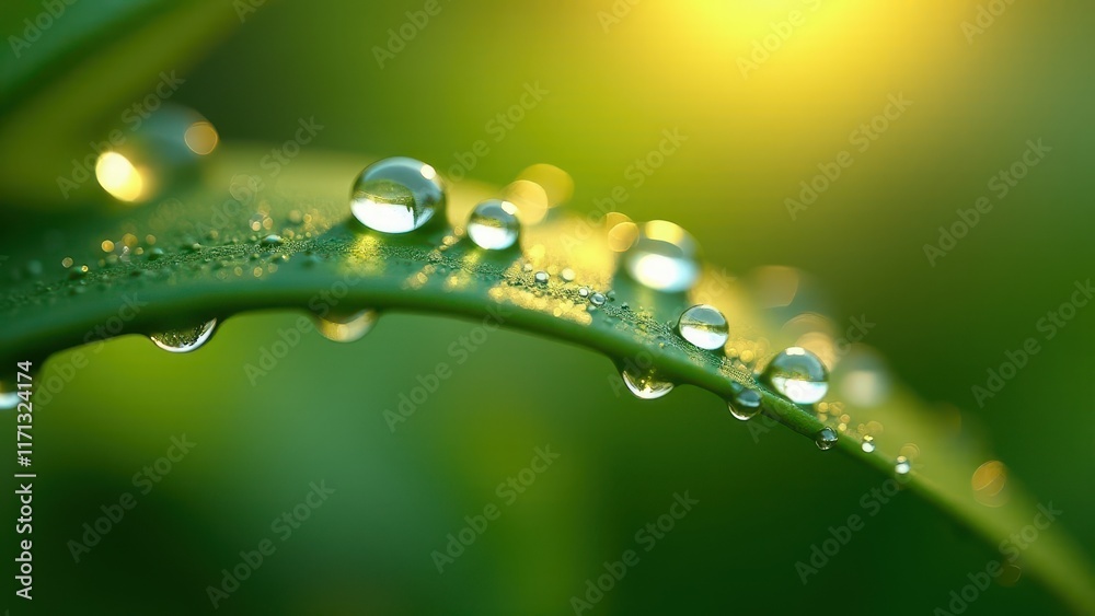 Closeup of Dew Drops on a Leaf Illuminated by Sunlight
Closeup of Dew Drops on a Leaf Illuminated by Sunlight