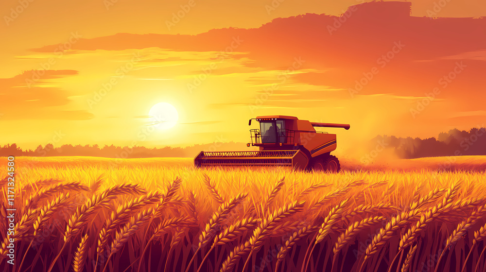 Fototapeta premium Sunset wheat harvesting with combine harvester in golden field design, summer agriculture scene, rural farm landscape design. Twilit. Illustration