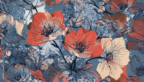 Floral pattern with flowers and butterflies on the wall in vibrant colors