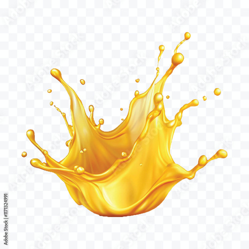 abstract 3d yellow liquid or oil splashing in crown style isolated on white background	
