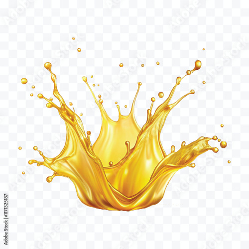 abstract 3d yellow liquid or oil splashing in crown style isolated on white background	
