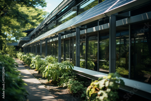 harmonious amalgamation of solar panels seamlessly incorporated into architectural design of a commercial edifice, epitomizing sublime union of innovation and ecological consciousness photo