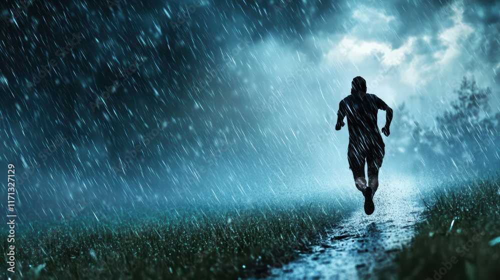 Obraz premium person running through heavy rain during thunderstorm, showcasing determination and resilience against elements. dark clouds and pouring rain create dramatic atmosphere