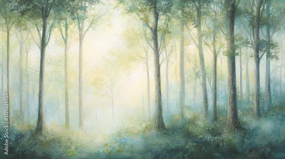 Obraz premium serene watercolor painting of misty forest with tall trees and soft light
