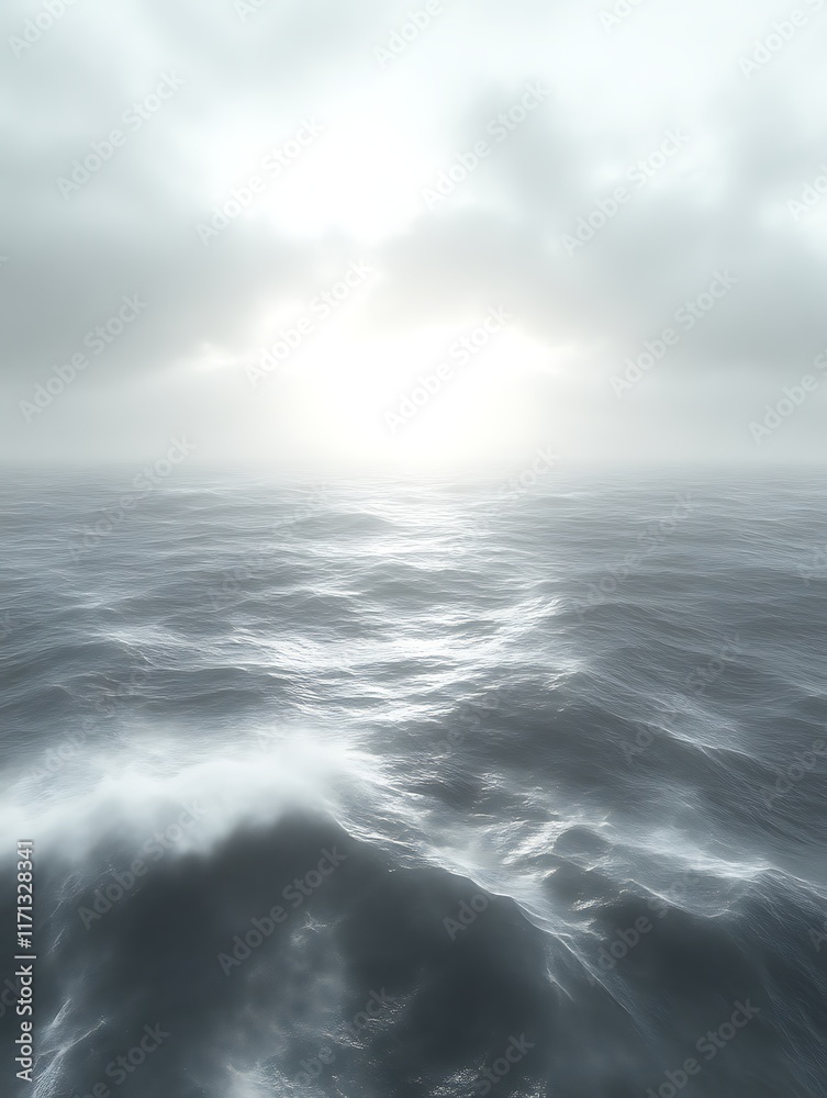 Fototapeta premium Serene ocean scene with subtle waves and hazy sunlight.