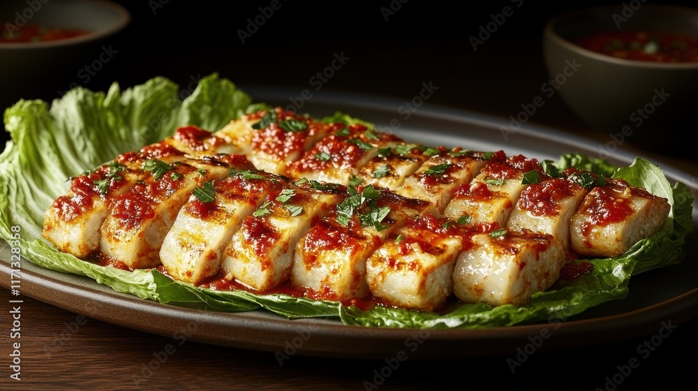 Grilled tofu steaks with spicy sauce on lettuce. Grilled tofu steaks with spicy sauce on lettuce.