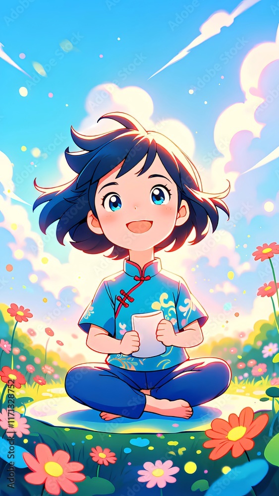 Happy girl in field holding paper. Happy girl in field holding paper.