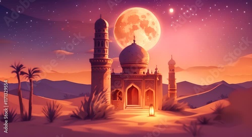 Moonlit Mirage A Deserts Mystical Night Where a Lamp Holds the Secrets of Genie Magic Animated fantasy background watercolor painting illustration style seamless looping video 4K