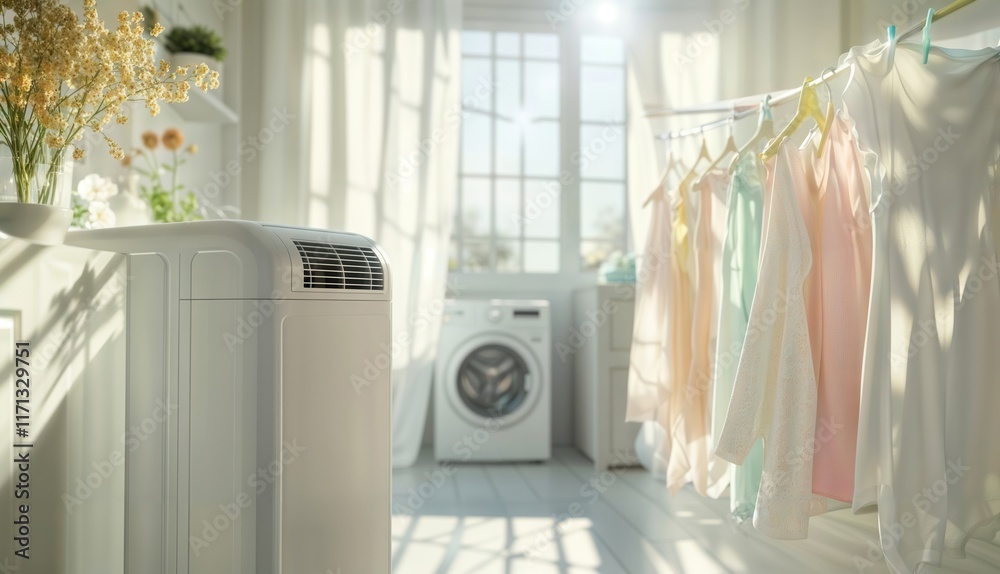Portable dehumidifier in laundry. A portable dehumidifier sits in a bright laundry room with drying clothes and a washing machine.