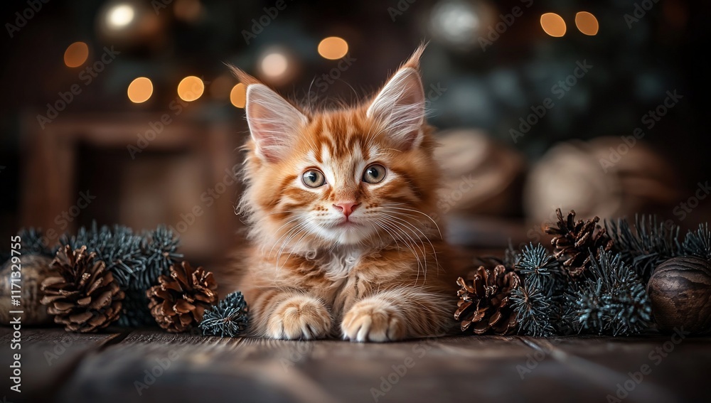 Obraz premium Ginger kitten sits between pine cones, lights bokeh.