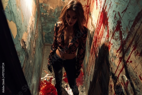 Slim, young woman in a dark, gritty crime scene, with dramatic shadows and blood splatters, her elegant outfit contrasting with the sceneâ€™s brutality photo