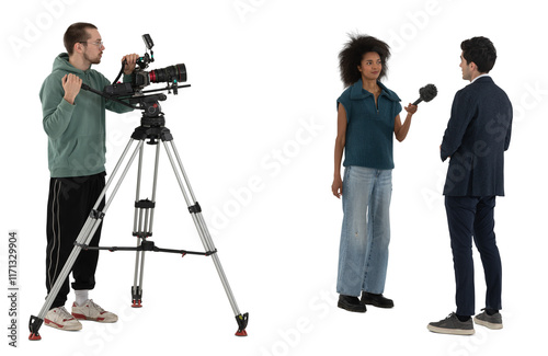 Man with a film camera filming a television reporter interviewing a man isolated on white background