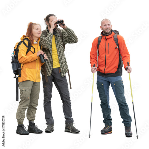 Group of three hikers with trekking poles and backpacks standing and looking around with binoculars isolated on transparent background