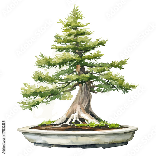 A watercolor vector painting of a Bald Cypress Bonsai, isolated on a white background. Bald Cypress Bonsai vector.

