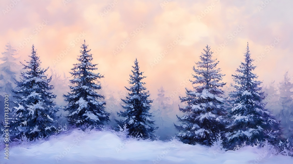 Naklejka premium Winter wonderland landscape with snow-covered trees at dawn. Soft, pastel colors create a serene, dreamy atmosphere.