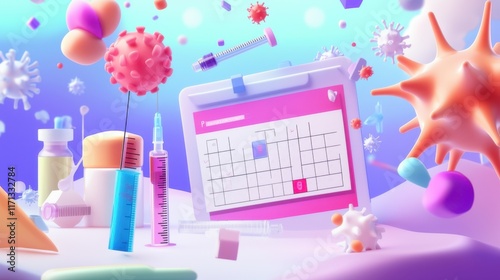 Colorful digital representation of healthcare tools and microbes reflects an innovative approach to vaccination and public health