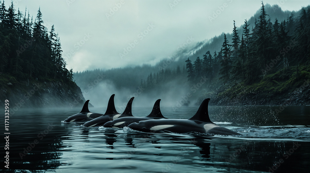 Fototapeta premium Pod of orcas swimming through misty fjord