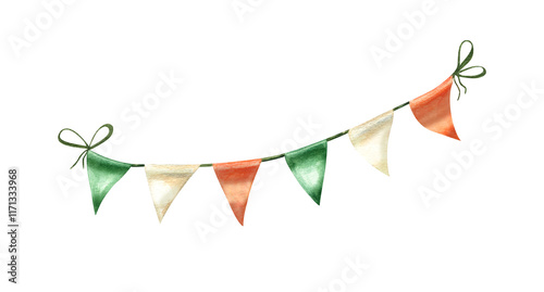 Waving green, orange, white triangular flags on string in the national Irish colors watercolor illustration. Festive classical flag in pennant shape for holiday, party decor, greeting card design