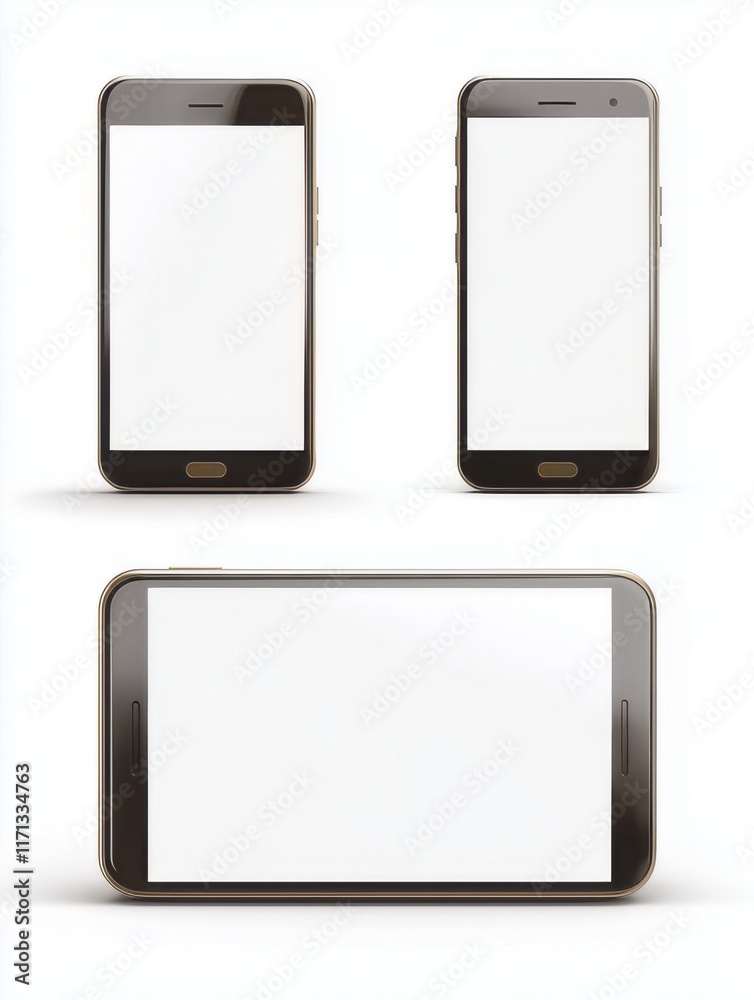 Different angles of modern smartphones showcasing blank screens for design and advertising purposes Different angles of modern smartphones showcasing blank screens for design and advertising purposes
