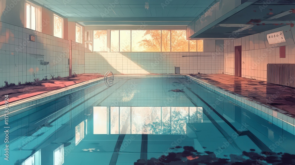 Fototapeta premium Abandoned Indoor Swimming Pool Sunlit Autumn Day
