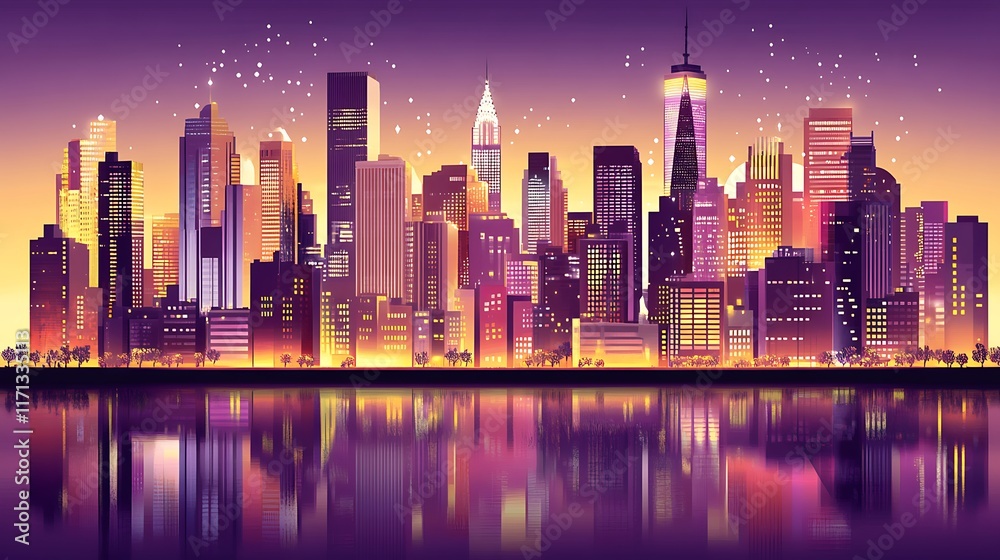 Fototapeta premium Night Skyline Cityscape Illuminated Buildings Reflecting Water