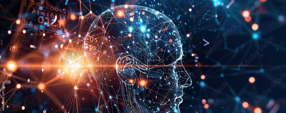 Obraz premium Digital Mind: A Networked Human Head Illustration