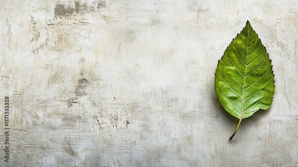 Fototapeta premium single green leaf rests on textured gray background, creating serene and inviting atmosphere. simplicity of composition highlights beauty of nature