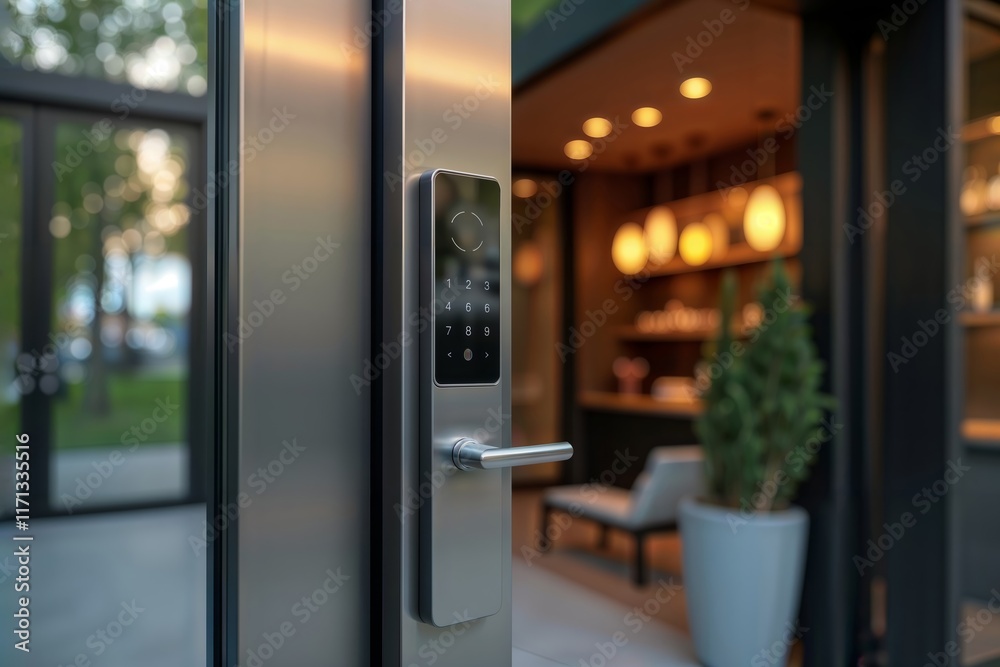 Smart Door Lock. A modern, sleek smart door lock with a keypad and fingerprint scanner, installed on a glass door leading to a stylish interior.