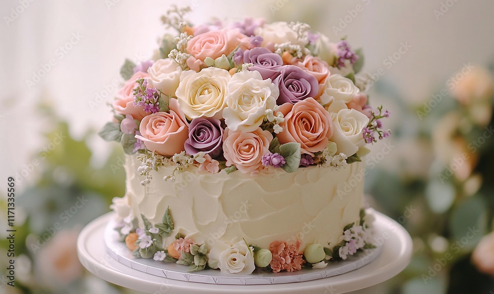 Floral decorated cake with light frosting. Floral decorated cake with light frosting.