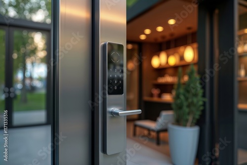 Obraz na płótnie Smart Door Lock. A modern, sleek smart door lock with a keypad and fingerprint scanner, installed on a glass door leading to a stylish interior. w salonie