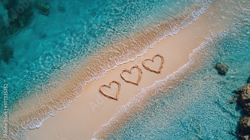 Three hearts handwritten on sandy beach with ocean wave on background. Three hearts drawn on sand with clear blue sea, copy space. Concept of family honeymoon travel and greetings for valentine's day