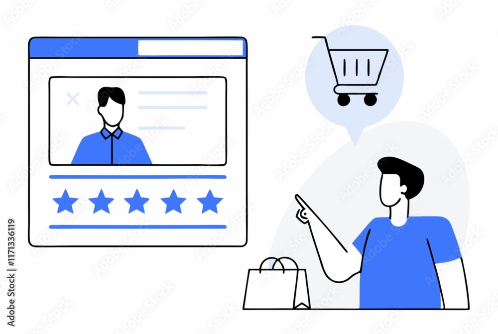Male shopper browsing online reviews with cart icon for e-commerce insights Male shopper browsing online reviews with cart icon for e-commerce insights