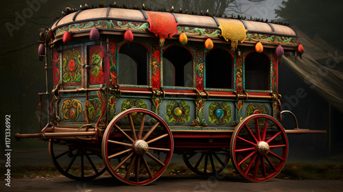 Vibrant Illustration of Traditional Gypsy Vardo in a Rustic Landscape - The Richness of Nomadic Culture photo