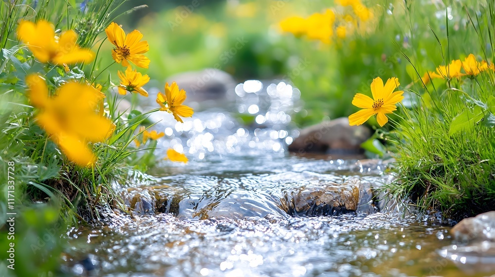 Fototapeta premium A crystal clear brook gently flowing and winding its way through a vibrant and colorful flower field with the sunlight sparkling and shimmering on the surface of the water