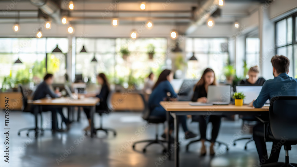 Blurred people silhouettes working together in a luminous workplace, startup modern office room with greenery and warm light Blurred people silhouettes working together in a luminous workplace, startup modern office room with greenery and warm light