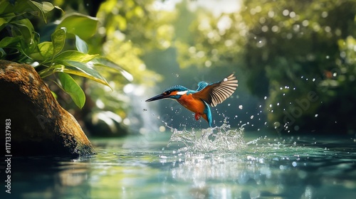 Kingfisher Bird Diving Into Water In Lush Green Nature