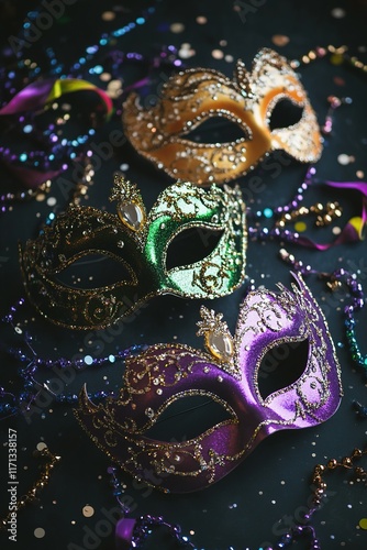 Colorful Mardi Gras masks with glitter, ribbons, on dark backdrop. photo