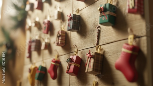 Decorative wall display featuring colorful gift boxes and stockings for festive holiday celebration