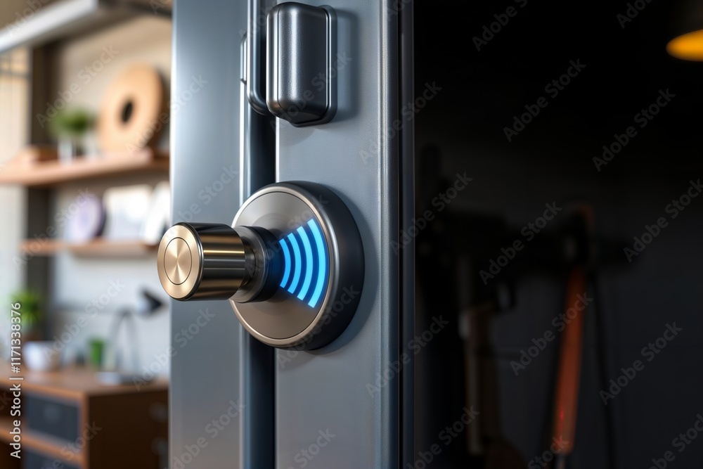 Smart lock access control. Close-up of a smart lock with a glowing blue wireless symbol on a door, indicating keyless entry and home security.