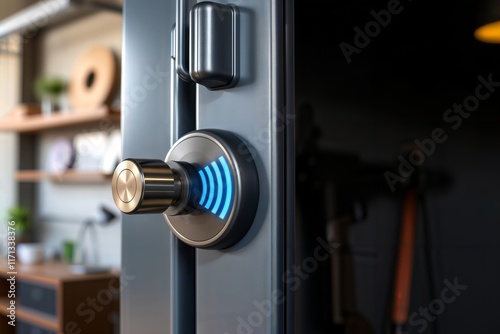 Obraz na płótnie Smart lock access control. Close-up of a smart lock with a glowing blue wireless symbol on a door, indicating keyless entry and home security. w salonie