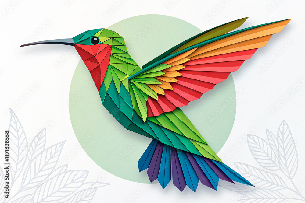 Fototapeta premium A vibrant abstract hummingbird flying with elegance, origami style - generated by ai