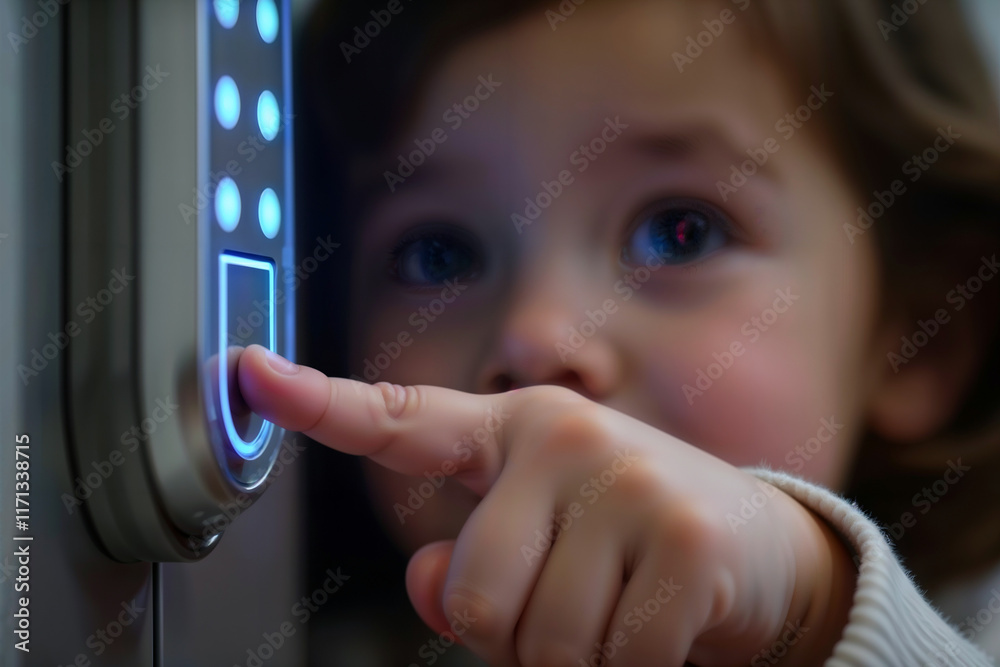 Child using smart lock. Close-up of a curious child's finger pressing a button on a smart lock, depicting access, technology, and children's interaction with smart home devices.