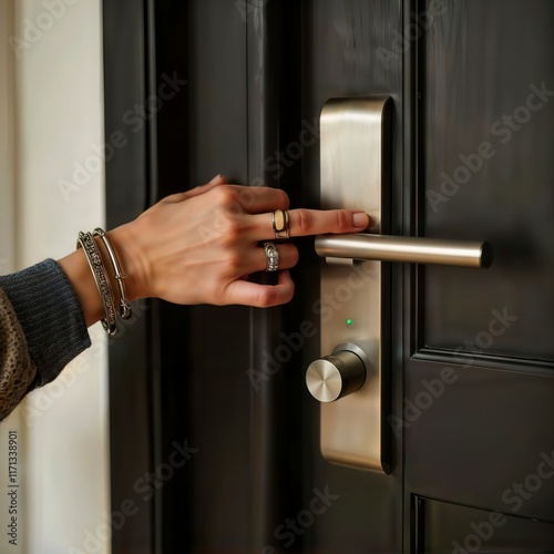 Smart Lock Entry. Woman's hand with rings and bracelets uses a finger to open a modern smart lock on a dark door.