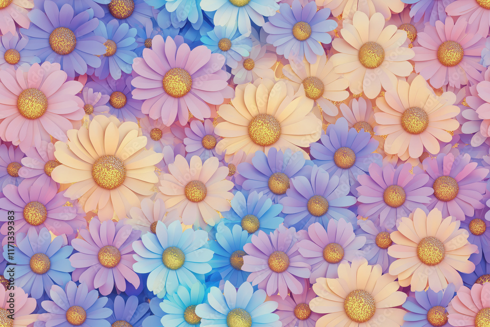 Seamless pattern with pastel colorful flowers and golden glitter on a soft dreamy background
