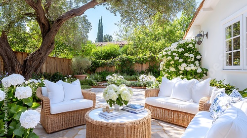 Tranquil patio scene with wicker furniture, white cushions, flowering plants, and olive tree. photo