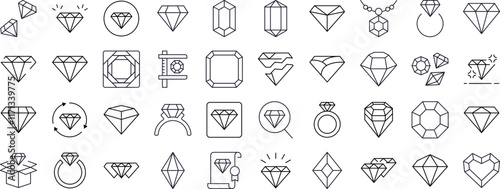 Jewelry Line Icon Collection. Diamond and Gem Outline Signs for Graphic and Web Design, Apps, Adverts, Various Cards