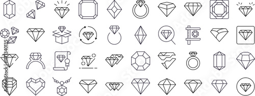 Jewelry Line Icon Bundle. Diamond and Gem Outline Signs for Graphic and Web Design, Apps, Adverts, Various Cards