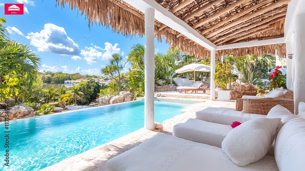 Fototapeta premium Tropical luxury villa with private pool, patio furniture, and stunning ocean view.